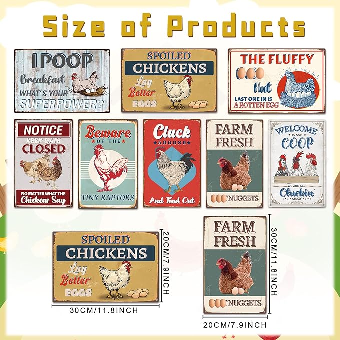 Funny Chicken Coop Decor, 8PCS Metal Chicken Coop Signs Accessories Outdoor, Farm House Personalized Gifts for Yard Fence Decor 12x8 Inches