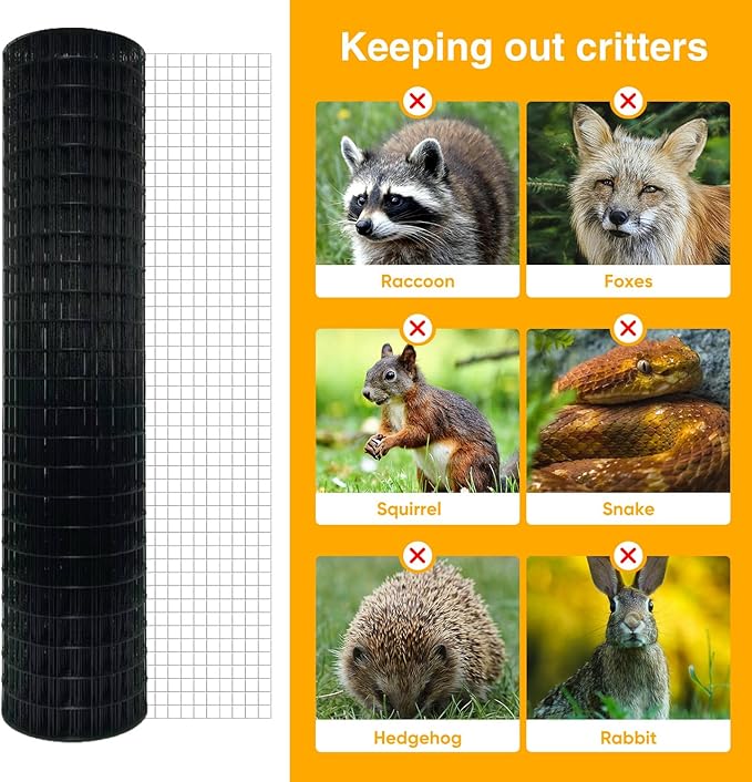 Black Hardware Cloth 24" x 50' 1 Inch 16 Gauge, PVC Coated Galvanized Steel Wire Mesh Roll, Welded Metal Fencing for Chicken Coop, Garden Fence, Poultry, Rabbit, Snake Barrier, and Home Improvement