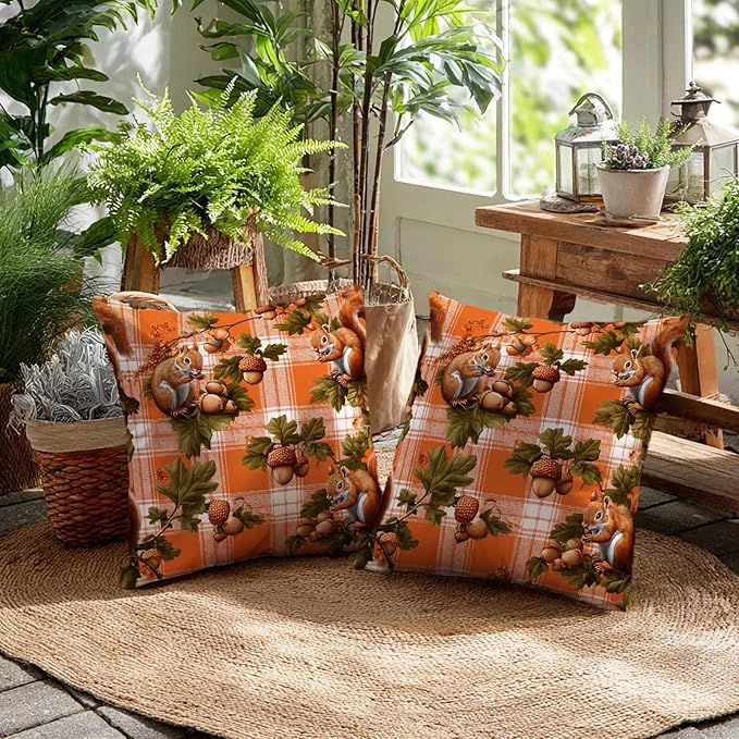 Fall Squirrel Throw Pillow Covers 18x18 Inch, Set of 2 | Autumn Woodland Plaid Square Cushion Cases for Couch Sofa Living Room | Rustic Farmhouse Home Decor, Decorative Pillowcases