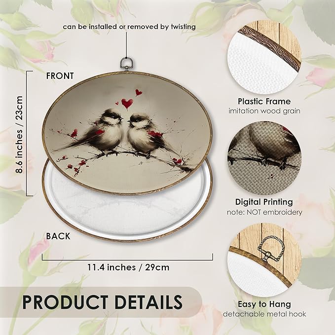 Fewgb Valentines Love Bird Couple Oval Wall Art Decor Framed, Valentine Valentine's Day Canvas Wall Art Prints Picture, Vintage Birds Farmhouse Hanging Room Decor for Gallery Bedroom Living Room 9x12