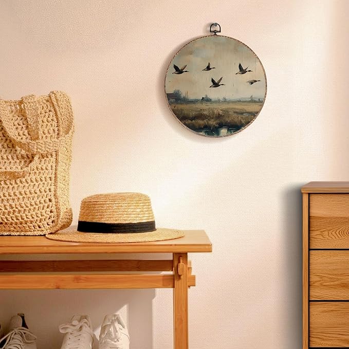 Yorhifa Vintage Flying Duck Framed Wall Art, Rustic Mallard Duck Round Wall Art, Farmhouse Farm Animal Round Walls Decor, Country Waterfowl Circle Canvas Artwork Hanging Decor, 10x10in