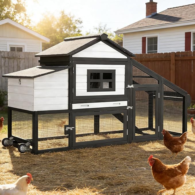 Chicken Coop with Run Large Hen House on Wheels Chicken House Poultry Cage with Nesting Box, Leakproof Pull-Out Tray, Waterproof Roof for 3-5 Chickens (Black, 72.3" L x 26" W x 39.4" H)
