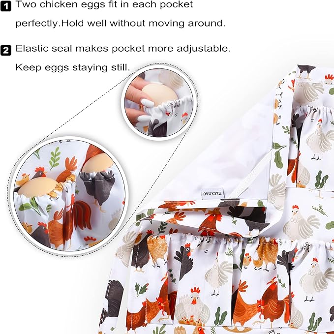 Egg Collecting & Gathering Apron with 12 Pockets - Chicken Egg Apron for Women/Men, Fresh Eggs Collection (Hen Design, Gifts for Chicken Keepers)