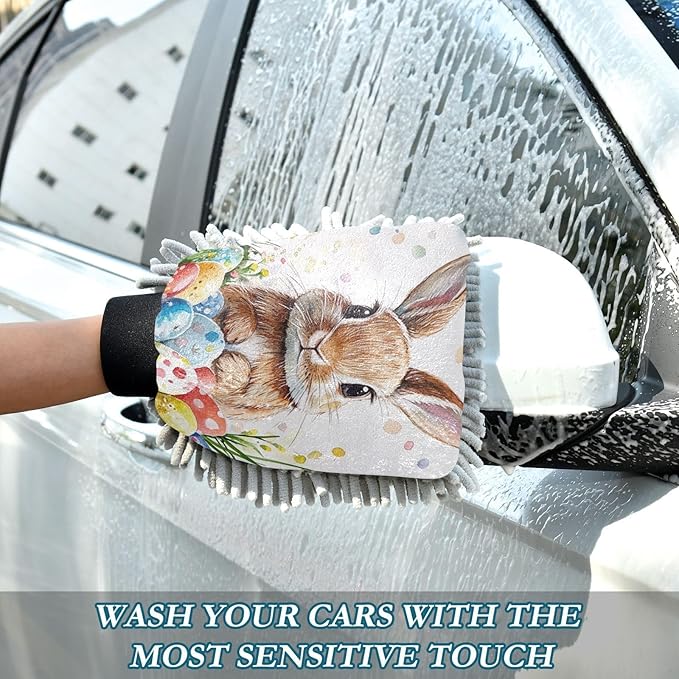 ALAZA Rabbit Bunny Easter Eggs Car Wash Mitt Scratch Free, 2 Pack Absorbent Microfiber/Chenille Washing & Drying Mitts, M