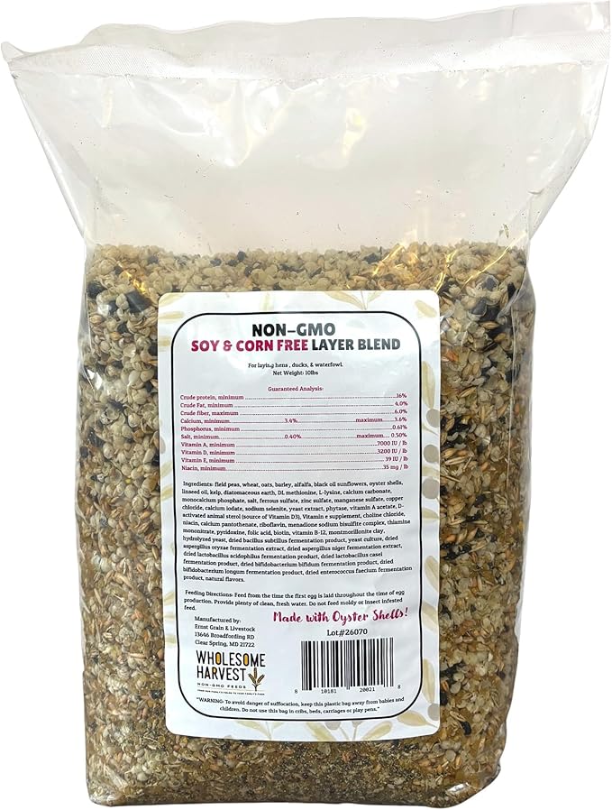 Non-GMO Soy and Corn Free Whole Grain Layer Blend 16% - Chicken Feed for Laying Hens and Ducks - Includes Essential Oils, Herbs, Oyster Shells, Vital Minerals, and Omega 3, 10 lb