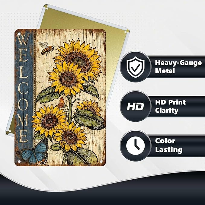 Vintage Sunflower Tin Sign Welcome Retro Garden Metal Sign Rustic Nostalgic Wall Decor For Home Garden Plaque Yard Bar Farmhouse Porch Living Room Cafe Kitchen 12 * 8 In