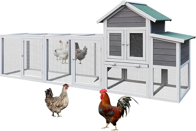 KEIKI 122＂Large Wooden Chicken Coop with Run and Nesting Box, Outdoor Hen House, Wooden Poultry Cage Wire Fence Poultry Cage