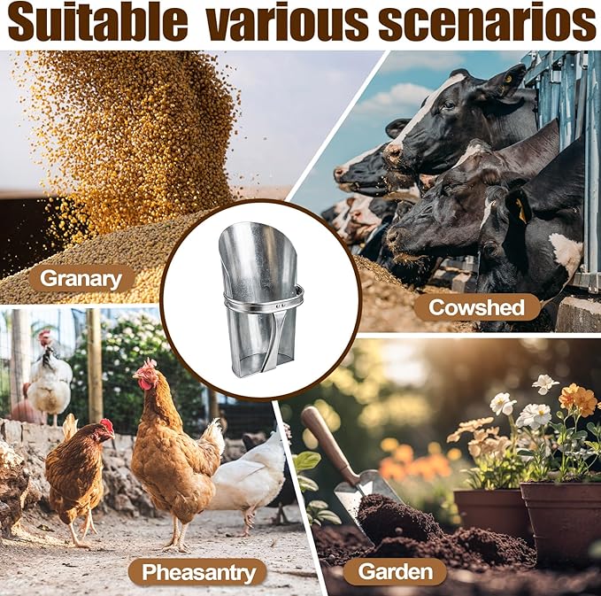 Domensi 2 Pcs Heavy Duty Metal Feed Scoops, Large 4 Qt & 2.5 Qt Galvanized Steel Horse Feed Scoop for Grain, Livestock, Chicken & Dog Food, Easy Clean