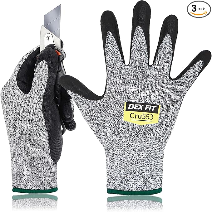 DEX FIT Level 5 Cut Resistant Gloves Cru553, 3D-Comfort Fit, Firm Grip, Thin & Lightweight, Touch-Screen Compatible, Durable, Breathable & Cool, Machine Washable; Grey M (8) 3 Pairs