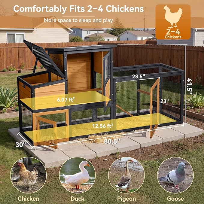 PETSFIT Wooden Chicken Coop for 2-4 Chickens, Backyard Coop with Run, 2 Nesting Boxes and 2 Roost Bars,PVC Windows, Easy-Clean 3-Door Access,Weather-Resistant PVC Roof, 6 Ground Stakes