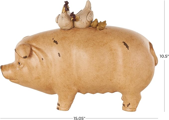 Deco 79 Resin Pig Sculpture with Roosters and Chicks, 15" x 6" x 11", Light Brown