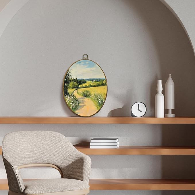 CUANFDDSF Vintage Country Landscape Oval Wall Art Decor, Farmhouse Countryside Wall Hanging Decor, Rustic Natural Cottagecore Scene Framed Canvas Prints for Home Bedroom Living Room, 8.6x11.4 Inch