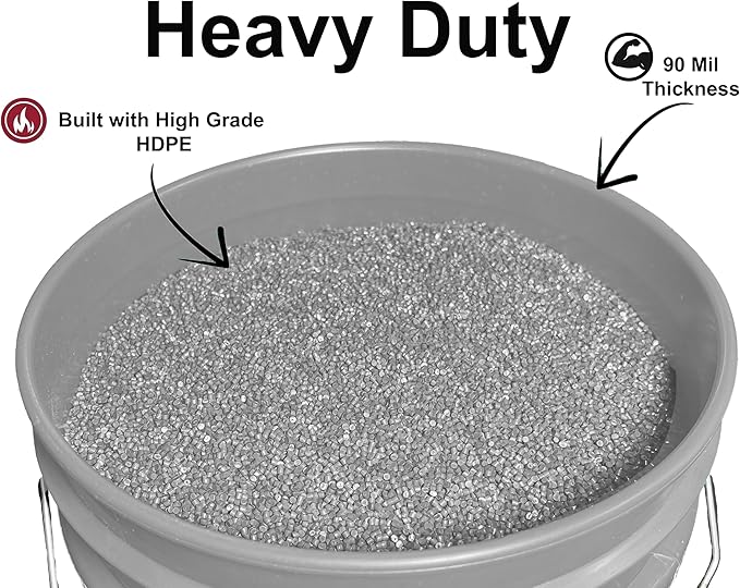 5-Gallon Bucket with Airtight Lid – Made in USA, Food Grade BPA Free Plastic, Heavy Duty Multi-Use, Metal Handle with Grip, Stackable Storage – Silver, 6 Pack