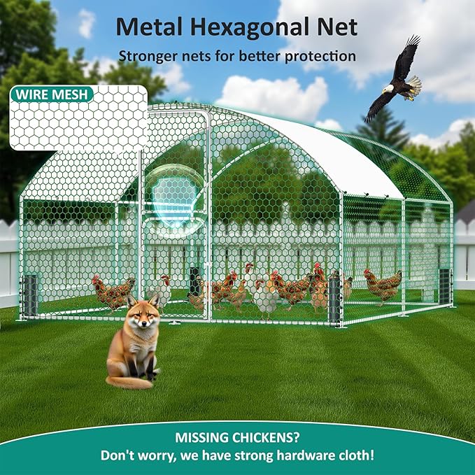 Large Metal Chicken Coop, Walk-in Chicken Run with Feeding Door, Security Lock and Cover, Outdoor Duck/Rabbit Cage Poultry Pen for Backyard, Farm, Yard (Silver - Dome Roof, 13.1 x 9.8 x 6.6 FT)