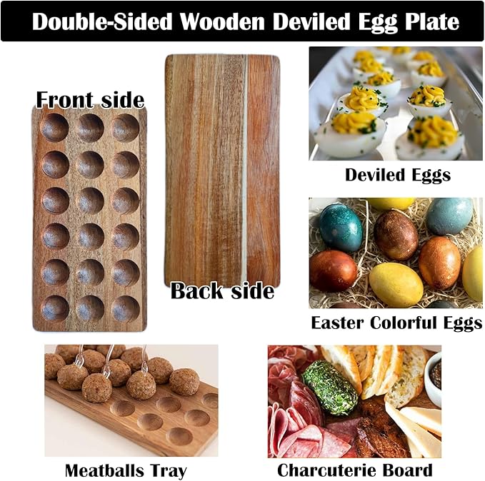 Acacia Wood Egg Holder for 36 Eggs, Rustic Countertop and Refrigerator Storage Tray, Farmhouse Kitchen Organizer with 1.5" Holes, Easy Clean Deviled Plates for Easter Decor,11.5" x 5.75" (2)