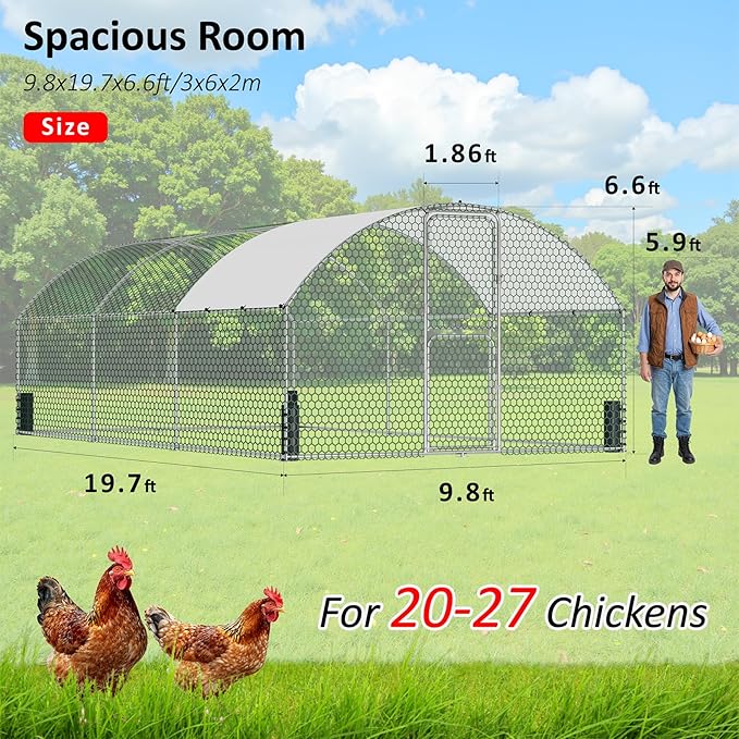 Large Metal Chicken Coop, Walk-in Chicken Run with Feeding Door, Security Lock and Cover, Outdoor Duck/Rabbit Cage Poultry Pen for Backyard, Farm, Yard (Silver - Dome Roof, 19.7 x 9.8 x 6.6 FT)