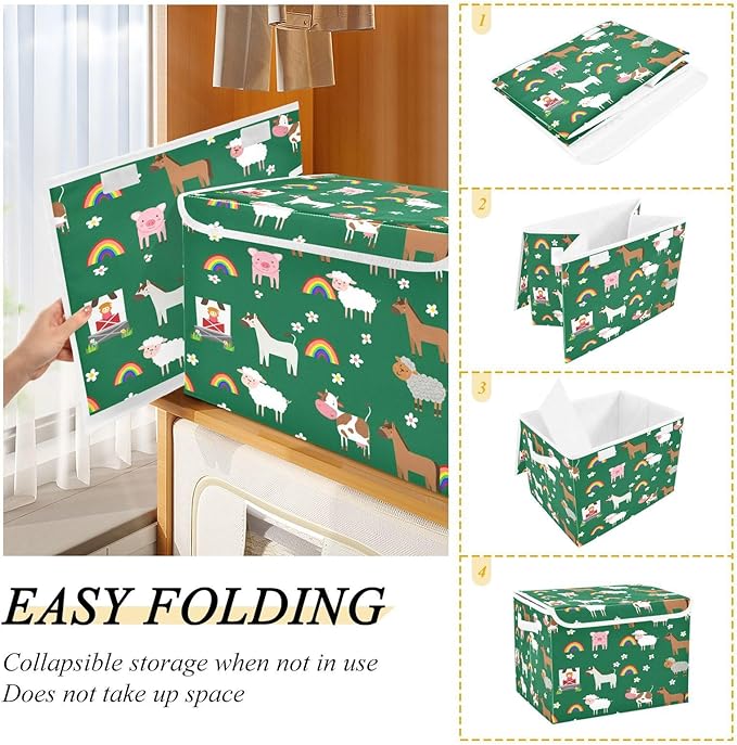 Storage Box Farm Animal Pattern Storage Bins with Lids, Larger Collapsible Fabric Storage Baskes with Handles for Living Room, Playroom, Bedroom, Nursery 16.5x12.6x11.8 Inch