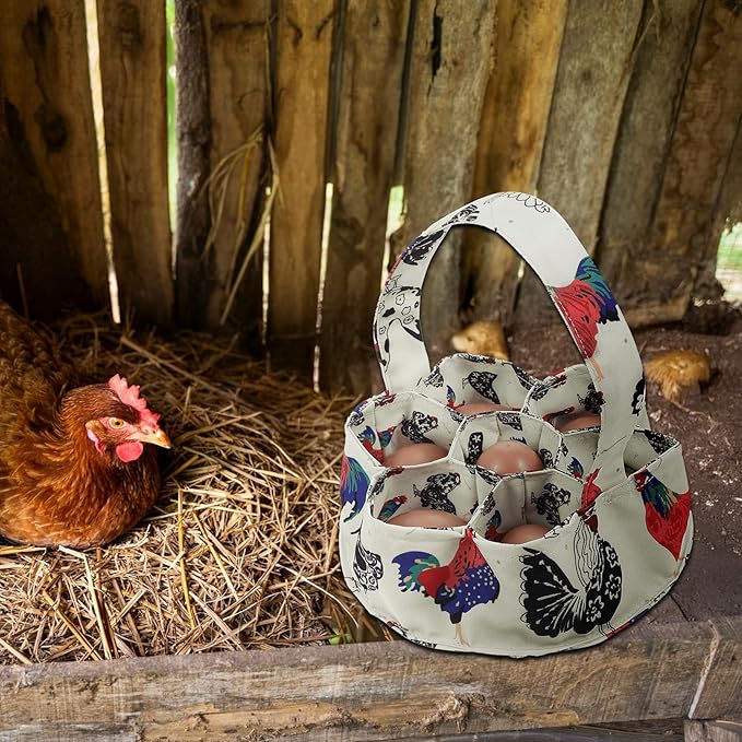 Egg Collecting Basket, 7 Pouches Chicken Eggs Basket for Gathering Fresh Chick Egg Holder Countertop Gifts for Duck Goose Carton Carrier - Beige Canvas