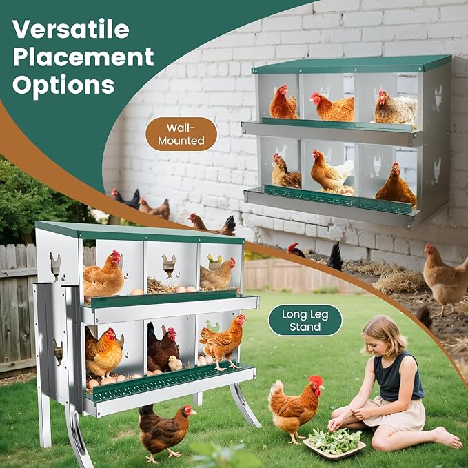 6 Compartment Chicken Nesting Box with Elevated Metal Legs - Heavy Duty Roll Away Egg Collection, Secure Lid & Perch - Versatile Wall Mount or Free Standing Design for Chickens, Hens, Ducks