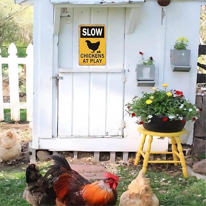 Slow Sign Chickens at Play Chicken Crossing Warning Sign 8x12 Inch Funny Sign, Chicken Coop, Yard, House Decor - Weather Resistant Fade UV Resistant