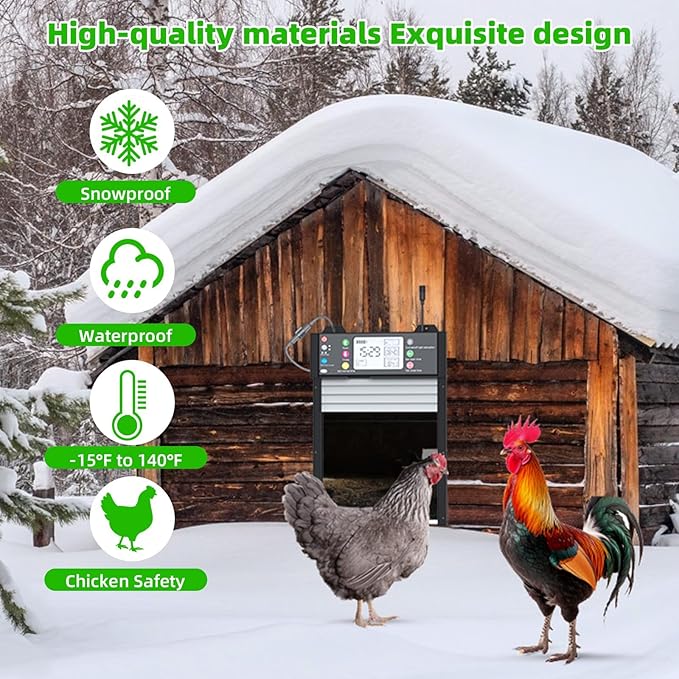 Automatic Chicken Coop Door, Tuya App Remote Control, Door Status Detection, WiFi Reconnection, Auto Chicken Door Solar with Light Sensor, Timer, Anti-Pinch, 4000 mAh Battery, LCD Displayer