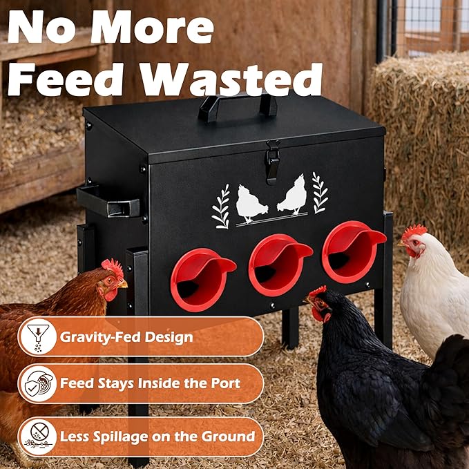 Large Capacity Automatic Chicken Feeder, 6 Port Chicken Feeder, 28LB Metal Chicken Feeders with Locking Lid & Adjustable Legs, No Waste Chicken Feeder, Black