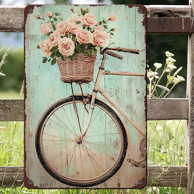 Bike Vintage Tin Sign Bike with Flower Red Rose Funny Tin Sign Summer Wall Decor Farmhouse Decor for Home Cafes Office Store Pubs Club Sign Plaque Metal Tin Sign 12x16inch