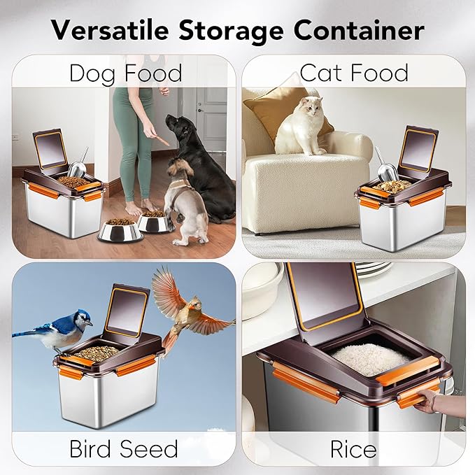 Newget Dog Food Storage Container Stainless Steel with Scoop, 16-lb/11-lb Airtight Metal Pet Food Storage Bin, Cat Food Container for Dry Dog, Cat Food, Bird Seed, Keep Food Fresh, Brown