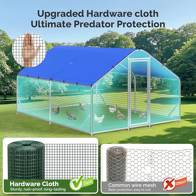 Sino Luban Metal Large Chicken Coop Run with Small Mesh Hardware Cloth for 20 Chickens/Ducks, Chicken Runs for Yard with Waterproof Cover, Chicken Enclosure Pen Outdoor, Walk-in Poultry Cage