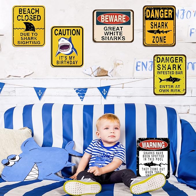 WERNNSAI Shark Party Decorations - 6 PCS Funny Shark Birthday Party Decoration Signs for Boys Kids Under The Sea Theme Birthday Baby Shower Supplies Ocean Shark Sign Decor for Jaws Party Decorations