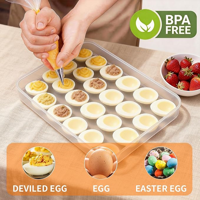 77L Deviled Egg Containers with Lid, Set of 3 Stackable Egg Carriers, Holds 72 Eggs for Refrigerator, Clear Trays for Parties & Holidays