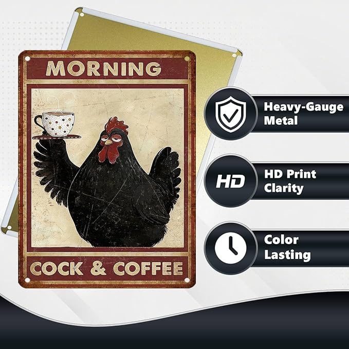 Funny Chicken Metal Signs Coffee Decor Morning Cock And Coffee Tin Signs Vintage Kitchen Metal Decor Rustic Wall Art For Home Farmhouse Coop Farm Poultry House Cafe Bar Office 16 * 12 In
