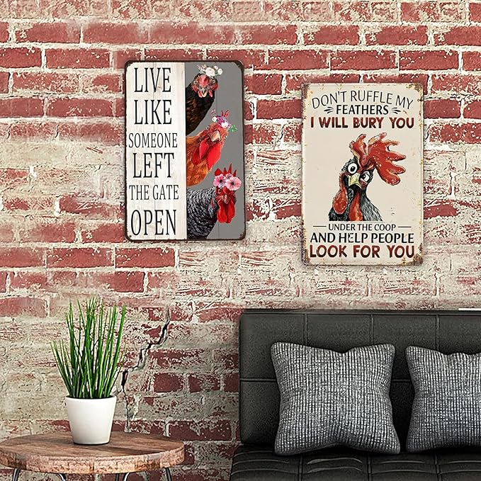 2 Pack Chicken Gifts Vintage Funny Chicken Tin Sign Metal for Home Farm Chicken Coop Outdoor Garden 8 x 12 Inches