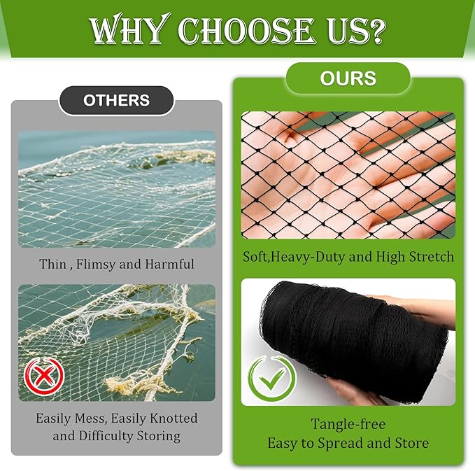 Garden Bird Net, 13 X 40 Feet Heavy-Duty Poultry Bird Net, with 50 Straps and 10 Staples, Used for Fruit Trees, Plants, Vegetables, and Garden Nets Against Birds and Deer