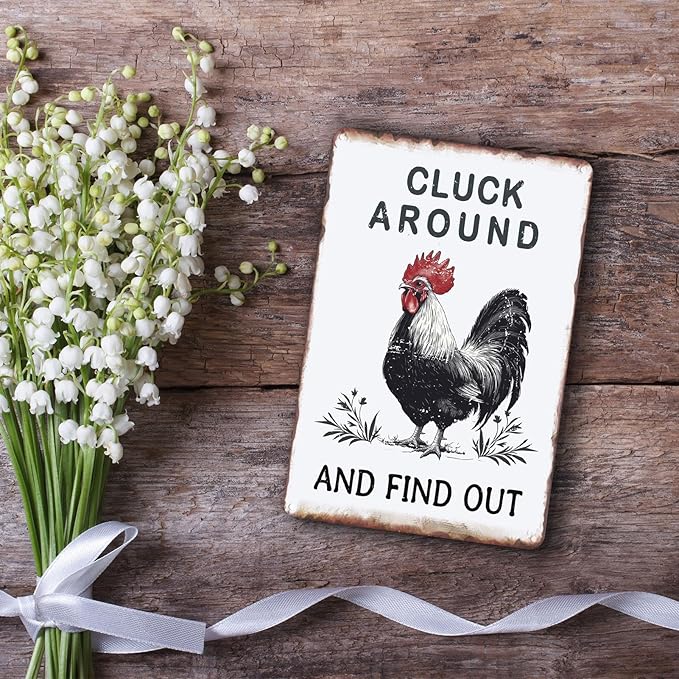 Sanwarm Funny Chicken Gifts Metal Sign Chickens Cluck Around and Find Out Tin Signs For Home Farm Chicken Coop Farmhouse Kitchen Garden Wall Decor Grey Poster Vintage Hanging Painting 12 X 8 Inch