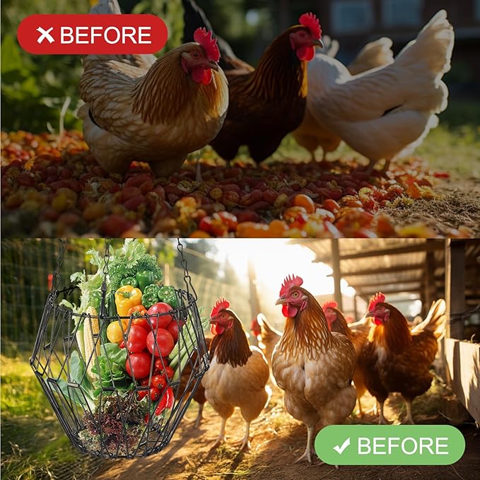 2 Pcs Hanging Chicken Feeder, Foldable Chicken Vegetable Fruits Feeder, Poultry Feeding Holder Basket with Hanging Chain, Veggie Treat Ball for Chicken Coop Accessories