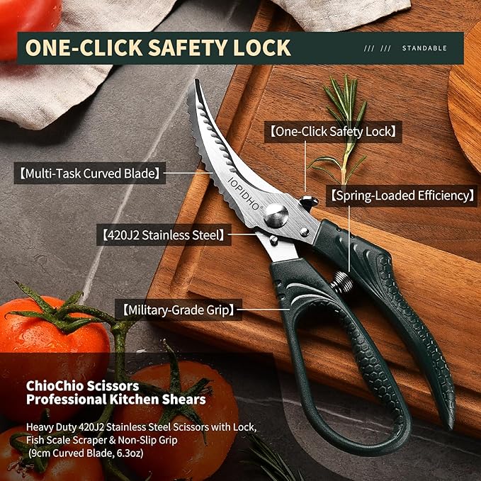 Heavy Duty Poultry Shears, Kitchen Shears with Non-Slip Handle & Safety Lock, All Purpose Kitchen Scissors for Chicken, Meat Cutting, Turkey, Fish, Vegetables, Spring Loaded, Dishwasher Safe