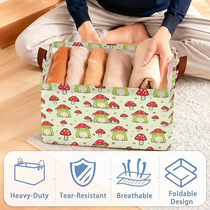 Cute Frog Storage Basket,Mushroom Collapsible Storage Bin Cubes for Living Room Bedroom Blankets Home Storage 17x11.5x10Inch