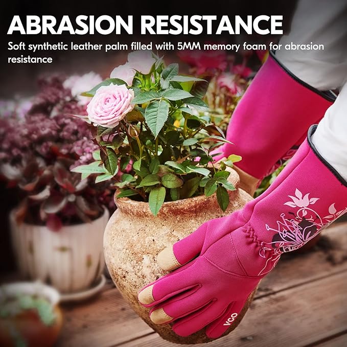Vgo... 1-Pair Ladies' Synthetic Leather Gardening Gloves, Long Sleeves Gauntlet, Breathable & Grip Work Gloves, High Dexterity, Washable (Size S, Red, SL7445)