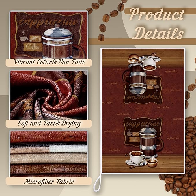 Boyiee Set of 6 Coffee Kitchen Towels Brown Dish Towels 24 x 16 Inches Absorbent Decorative Dish Cloths Retro Hand Accessories for Coffee Bar Decor Housewarming Gifts Wedding Shower Decoration