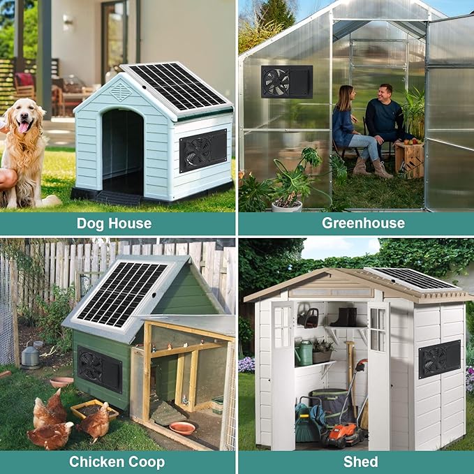 Solar Powered Fan with Battery Run Day/Night, 15W Solar Fan for Chicken Coop with 16.4Ft Cable,3/6H Timer, Waterproof Greenhouse Fans for Shed, Chicken Coop,Ventilation
