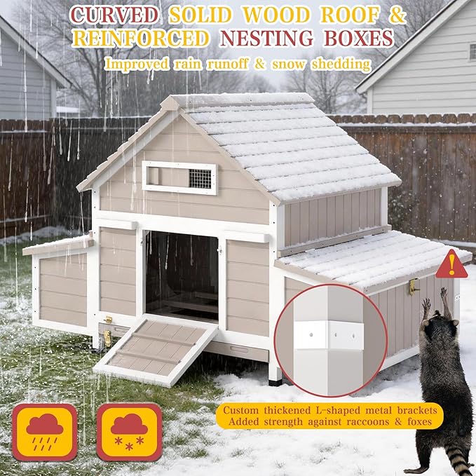Large Chicken Coop Outdoor, Expandable Hen House with 6 Nesting Boxes, Rabbit Hutch Bunny Cage Poultry for 2-5 Chickens with 3 Perches, Leakproof Pull-on Tray and Rampy(61" L x 33.5" W x 40.2" H)
