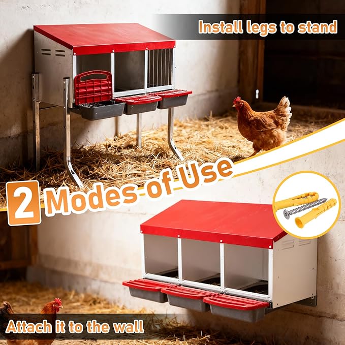 Outvita Chicken Nesting Boxes, 3 Compartments Metal Nesting Boxes for Chickens with Metal Legs, Wall/Floor Mount for Laying Eggs with Swing Perch and Roll Away Egg Collection for Chicken Coop, Red