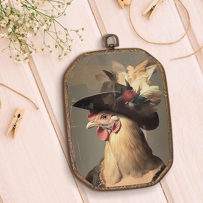 Hxlac Whimsical Chicken Rectangular Wall Art Framed, Dark Moody Rooster Rectangular Wall Decor, Rustic Farm Animal Chicken Hanging Canvas Prints Wall Sculptures for Kitchen Bedroom Living Room Decor, 7.1x10.2 Inch