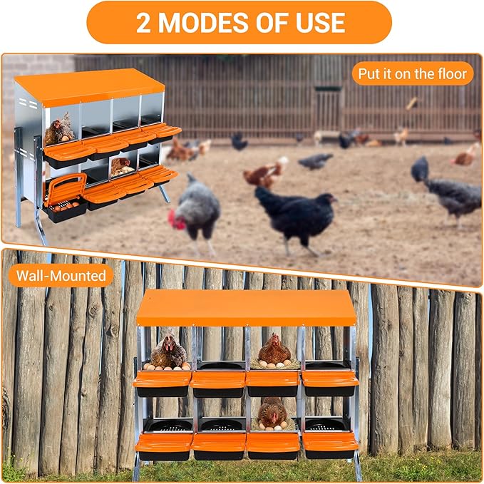 Chicken Nesting Box 8-Hole Roll Away Egg Laying Box with Lid & Stand, Galvanized Steel Rustproof Poultry Coop Box, Easy Clean, Wall Mountable No Bracket Needed for Hens, Orange