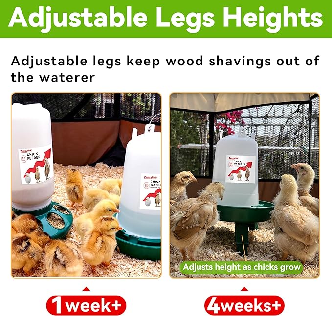2-in-1 Chick Starter Set: 0.3 Gal Feeder & 0.4 Gal Waterer with Adjustable Legs for Baby Chicks, Hanging Hooks, Anti-Drown Design - BPA-Free Plastic (Green)