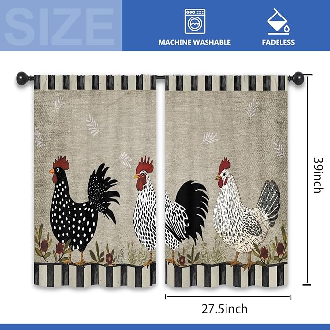 Rustic Farmhouse Rooster Kitchen Curtains 27.5W x 39L Inch Chicken Farm Country Vintage Rural Rod Pocket Short Small Window Treatment Drapes Decor 2 Panels