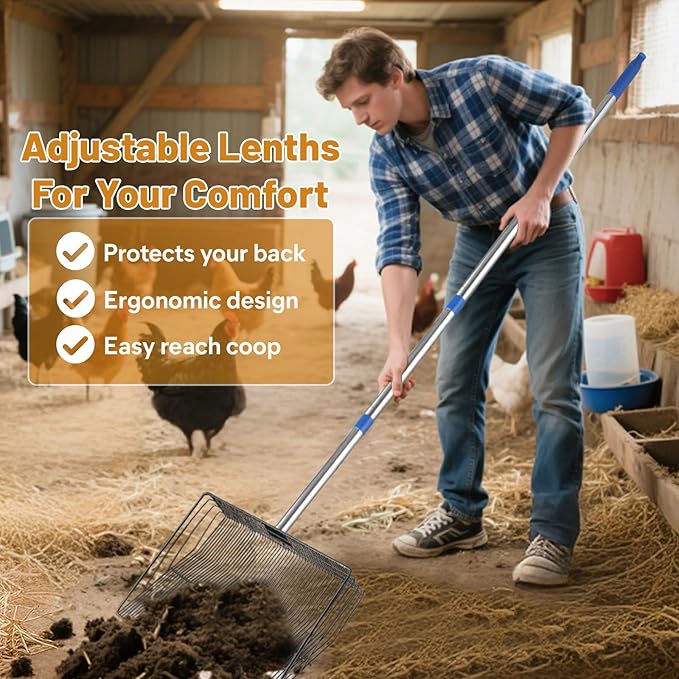 15 Inch Large Chicken Poop Scooper,4 in 1 Adjustable Chicken Coop Scoop, (25 to 71 inch) Adjustable Stainless Steel Handle Chicken coop Rake and Pair of Non-Slip Gloves, Chicken Coop Accessories