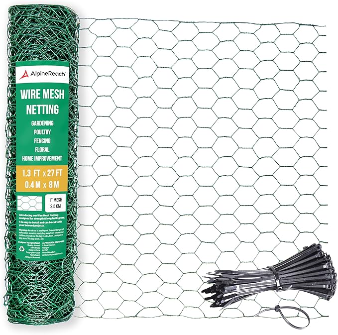 AlpineReach Chicken Wire 1.3ft x 60ft Fencing for Poultry, Crafts, Floral Arrangements, Zip Ties - Green Mesh Roll Galvanized Hexagonal PVC Coated Garden Netting for Gardening Fence (15.6" x 720")