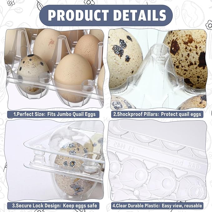 Remerry 40 Pcs Giant Quail Egg Cartons 12 Grids Clear Plastic Stackable Trays for Jumbo Quail Eggs, Pigeon Eggs, Small Poultry, Great for Home Fridge Storage, Farm, Market, Gift Box Packing